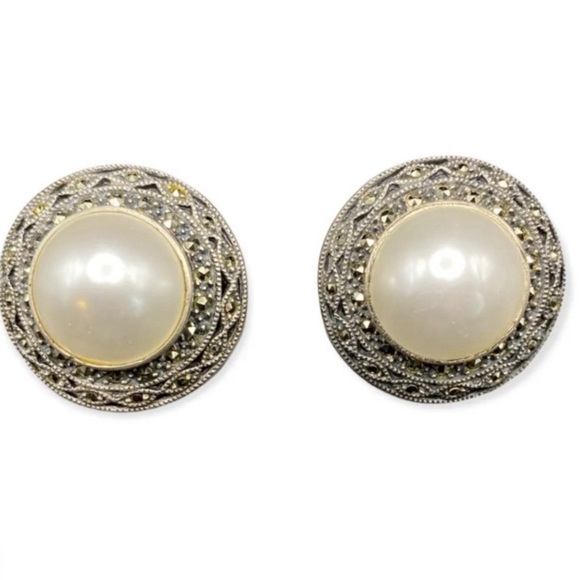 Judith Jack Sterling with Marcasite and Faux Pearl Set (choker & earrings) - Picture 3 of 8